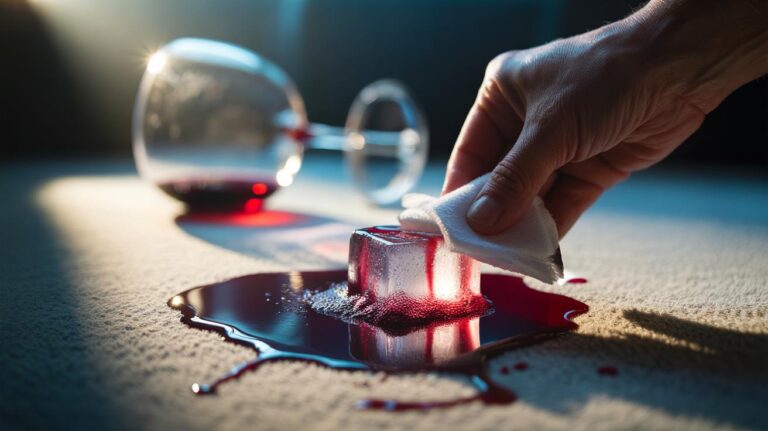 Illustration of an ice cube being applied to a fresh red wine stain on a light-coloured carpet, with a white cloth blotting the area