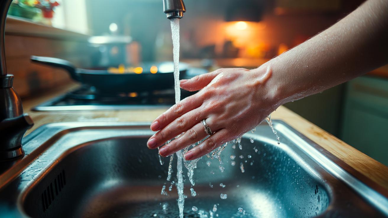 Illustration of cool running water applied to a new burn on a hand within the first minute to reduce blistering