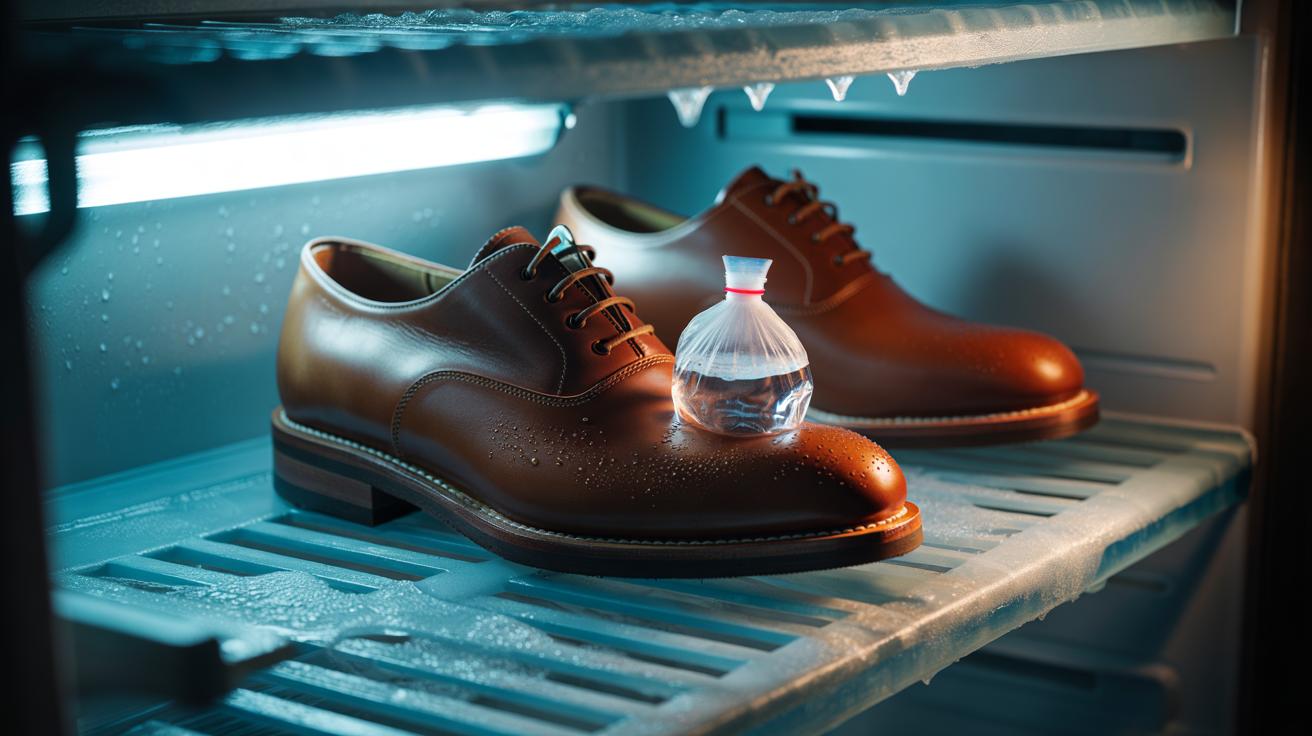 Illustration of the ice method to gently expand tight spots in new leather shoes by freezing a sealed water bag inside the toe box.