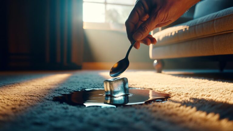 Illustration of an ice cube melting on a carpet dent as fibres are gently lifted with a spoon