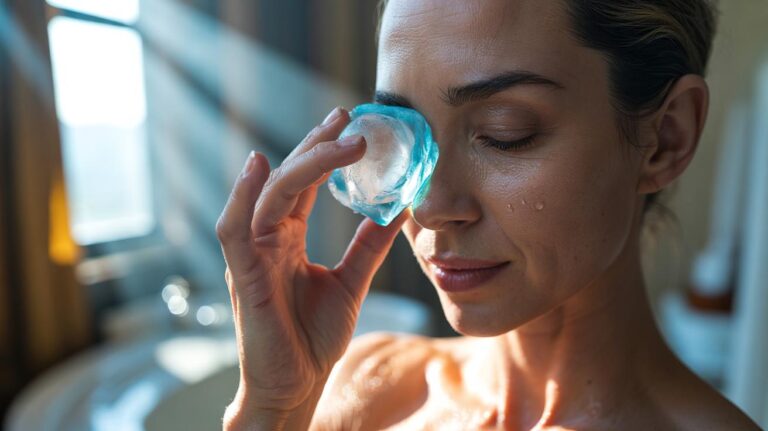 Illustration of a person gently gliding a cloth-wrapped ice cube along the under-eye area to reduce puffiness through cold-induced vasoconstriction