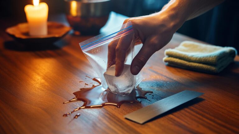 Illustration of a hand rubbing an ice cube wrapped in plastic over candle wax drips on a wooden table to harden them for scraping with a plastic card