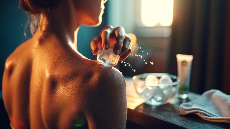 Illustration of a wrapped ice cube being gently glided over sunburned skin to soothe pain and cool inflammation