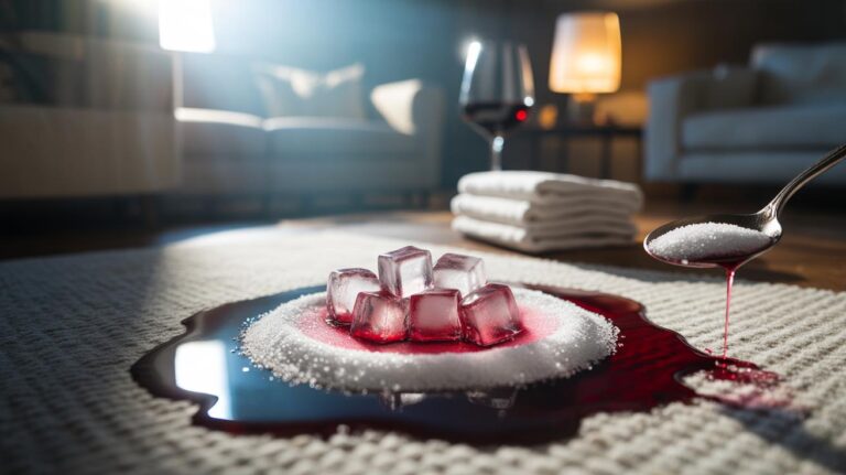 Illustration of ice cubes and salt lifting a red wine stain from a carpet