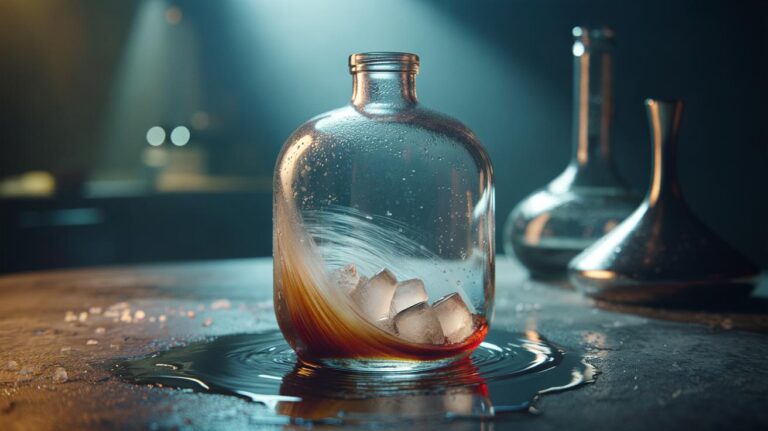 Illustration of ice cubes and coarse salt inside a glass bottle being swirled to scrub residue from the bottom