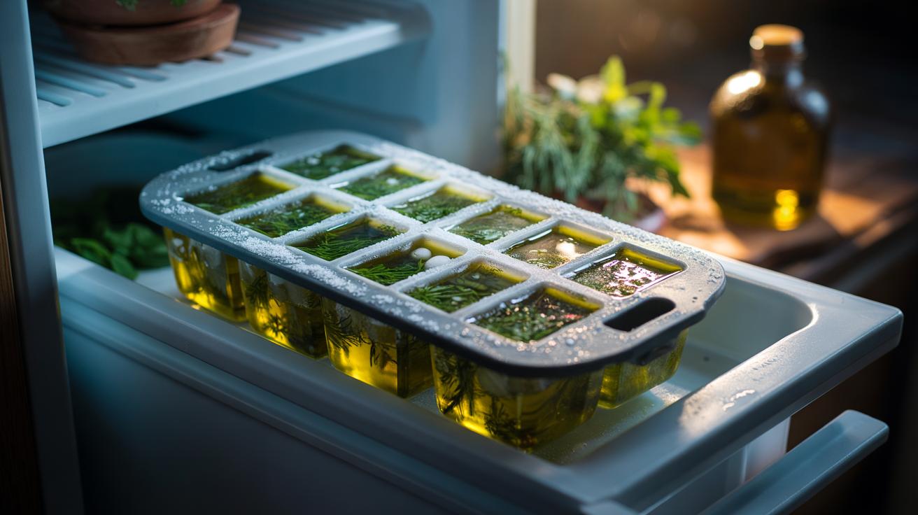 Illustration of an ice cube tray with chopped herbs submerged in olive oil, frozen into cubes