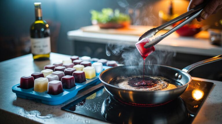 Illustration of an ice cube tray filled with frozen cubes made from leftover wine for cooking