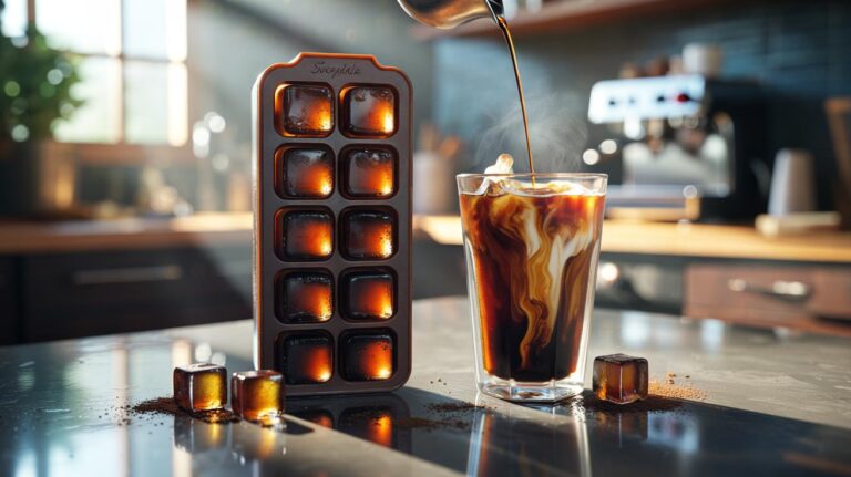 Illustration of a silicone coffee ice cube tray filled with brewed coffee next to a glass of iced coffee, showing how coffee cubes stop watering down drinks