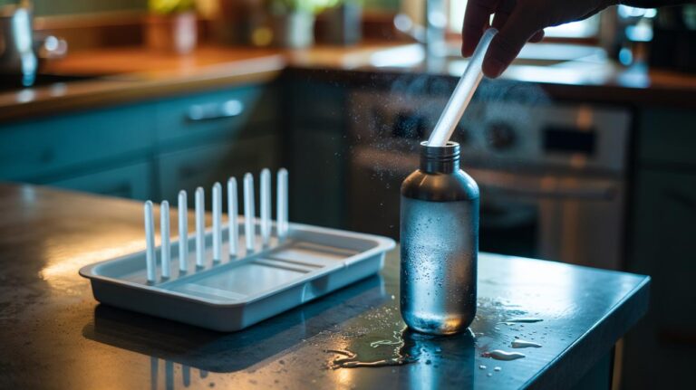 Illustration of an ice cube tray forming slim ice sticks that fit narrow-neck water bottles