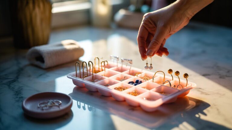 Illustration of an ice cube tray repurposed as an earring organiser, with pairs stored in individual slots to prevent loss