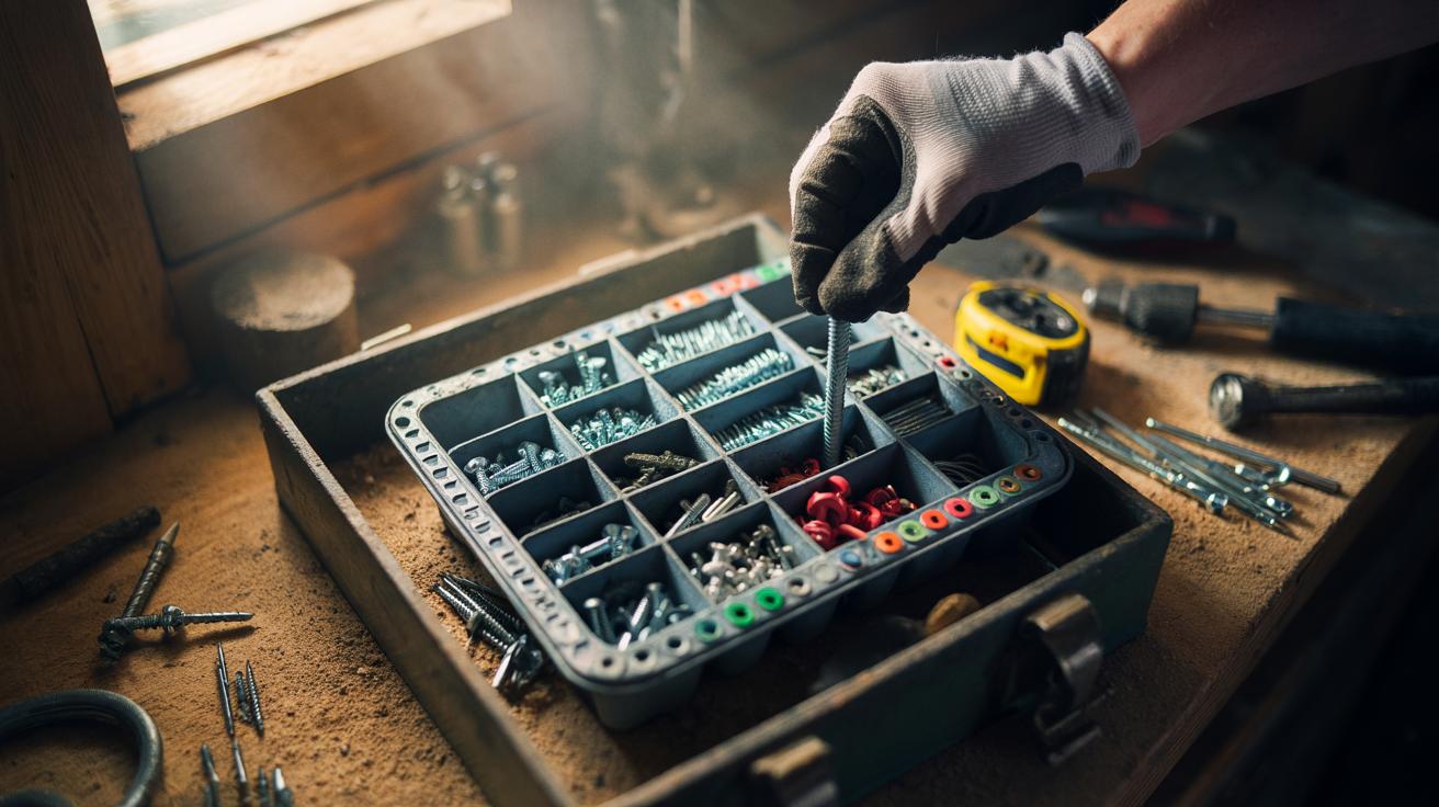 Illustration of an ice cube tray repurposed as an organiser, holding screws and nails in labelled slots inside a tidy toolbox
