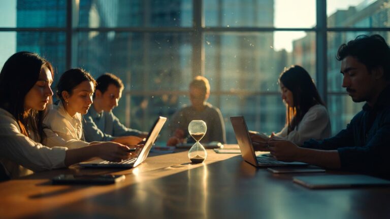 Illustration of a team in a meeting taking a one-minute intentional silence, devices face down, to boost creativity