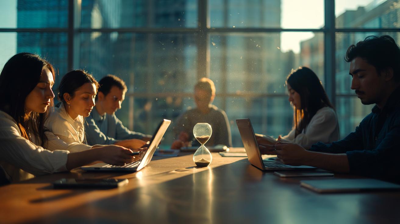Illustration of a team in a meeting taking a one-minute intentional silence, devices face down, to boost creativity