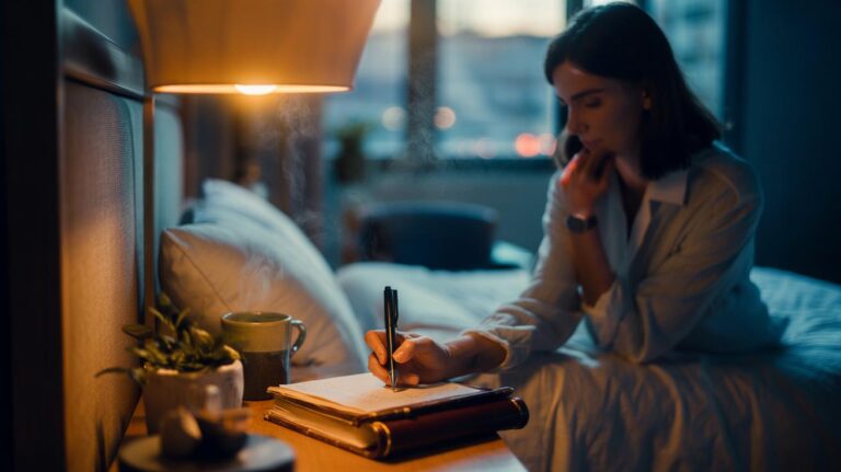 Illustration of a person journaling by lamplight in the evening to offload worries and quiet the mind before sleep