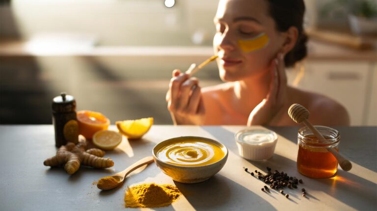 Illustration of turmeric with black pepper, citrus fruits, yoghurt, and honey as natural nutrients for brighter skin
