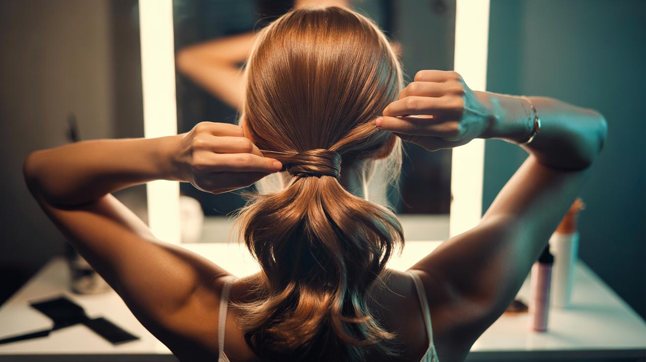 Illustration of tying a knot within a ponytail to stack height and create volume