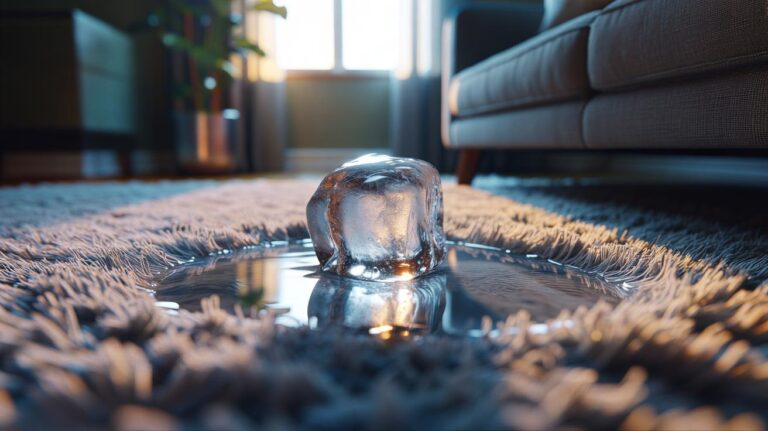 Illustration of a large ice cube melting on a carpet dent to rehydrate and lift flattened fibres