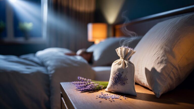 Illustration of a lavender + rice sachet on a bedside table slowly releasing scent to calm the bedroom and promote sleep