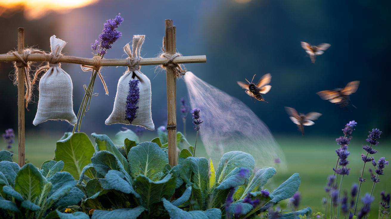 Illustration of lavender sachets hanging near garden plants, their intense aroma deterring moths