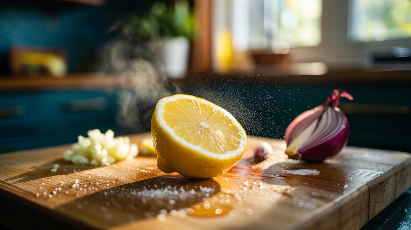 Illustration of a lemon half rubbing a cutting board to neutralise garlic and onion smells