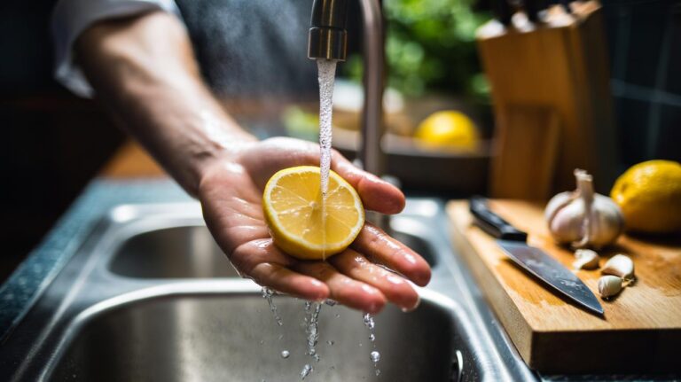 Illustration of a person rubbing a lemon half over their hands at a kitchen sink to neutralise garlic odour