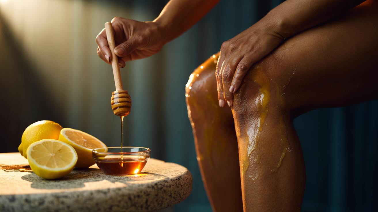 Illustration of a lemon and honey mixture being applied to dark knees to naturally lighten skin through citric acid exfoliation and trace hydrogen peroxide