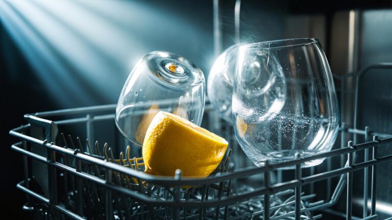 Illustration of a lemon wedge placed in a dishwasher among glassware, using citric acid to dissolve hard-water marks and restore sparkle