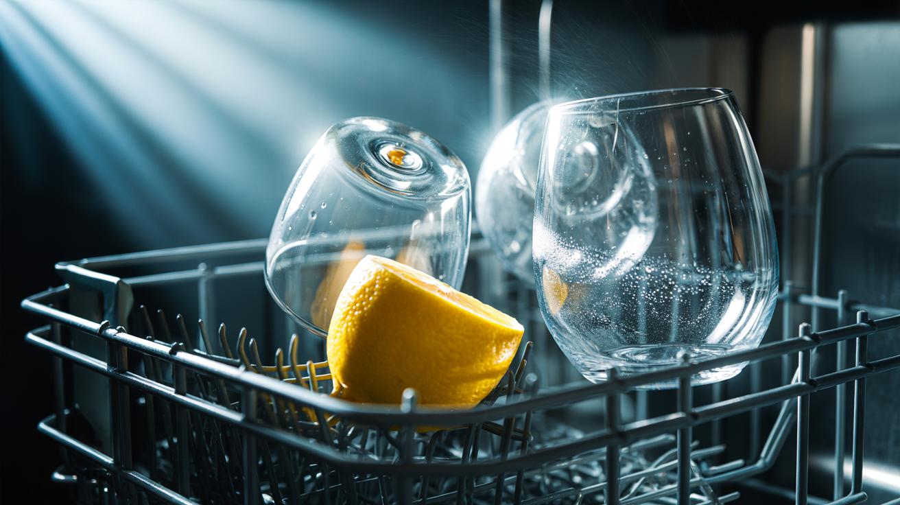 Illustration of a lemon wedge placed in a dishwasher among glassware, using citric acid to dissolve hard-water marks and restore sparkle