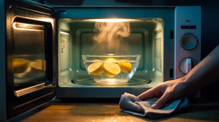 Illustration of a microwave interior with a bowl of water and halved lemon steaming to loosen food splatters in three minutes