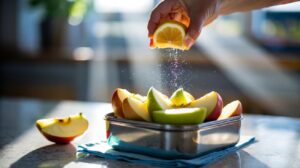 Illustration of lemon juice being spritzed onto freshly cut apple slices to keep them from browning in a lunchbox.