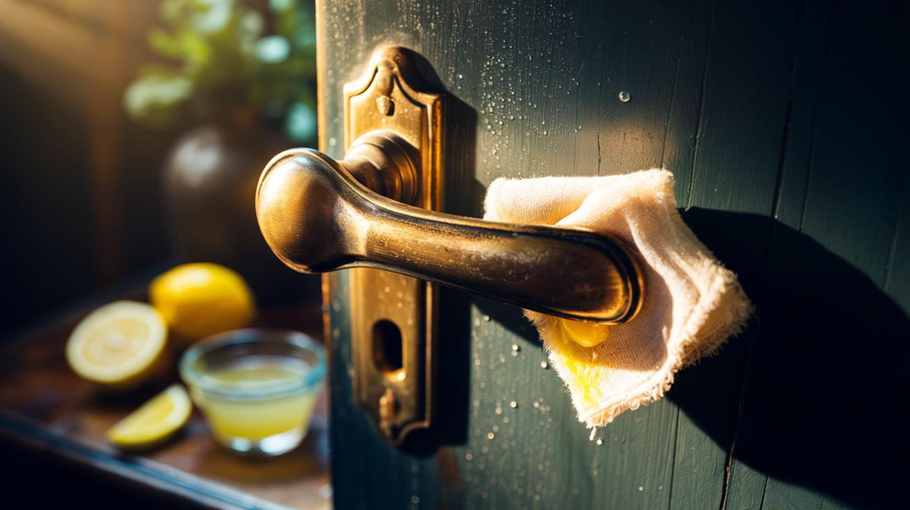 Illustration of lemon juice being applied with a soft cloth to a tarnished brass door handle to dissolve oxides and restore shine