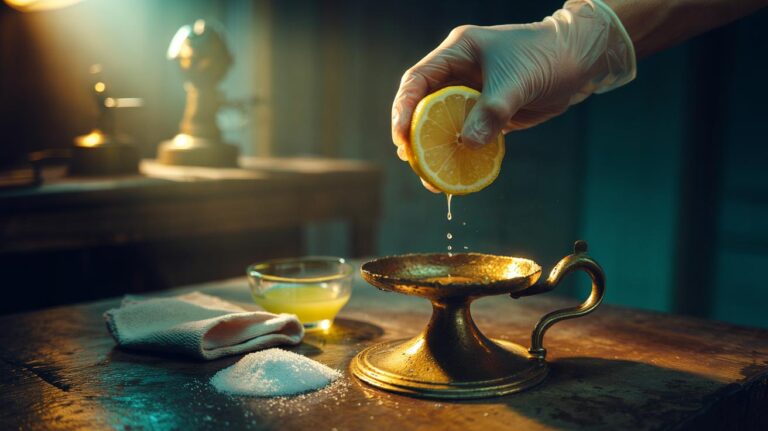 Illustration of lemon juice being used on tarnished brass to remove oxidation and restore a bright shine