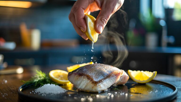 Illustration of a hand squeezing fresh lemon juice over a fish fillet to neutralise fishy odour by acid reacting with amines