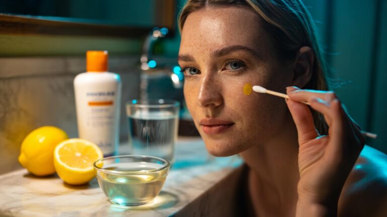 Illustration of diluted lemon juice being spot-applied with a cotton bud to facial freckles for gentle natural lightening