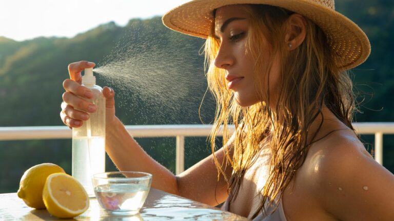 Illustration of a blonde-haired person applying a diluted lemon juice rinse in sunlight to lighten and add shine.