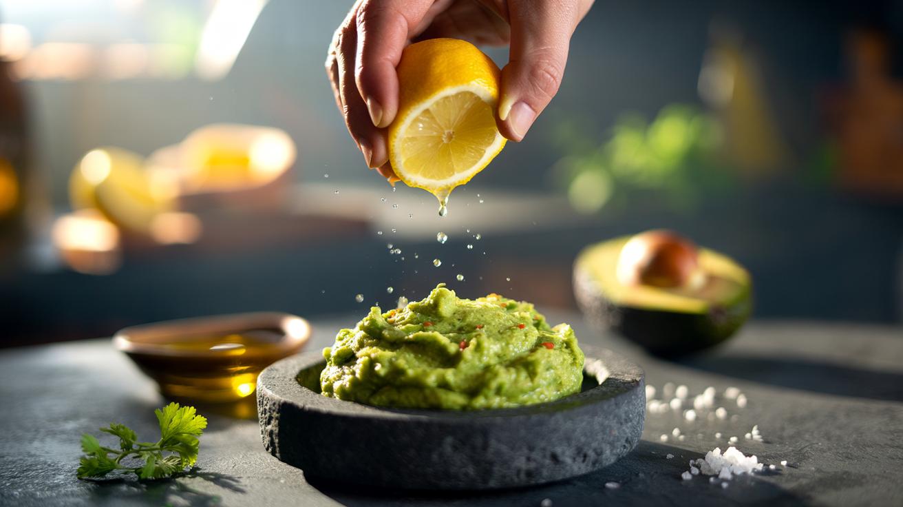 Illustration of a hand squeezing lemon juice over a bowl of guacamole to slow oxidation and keep it green