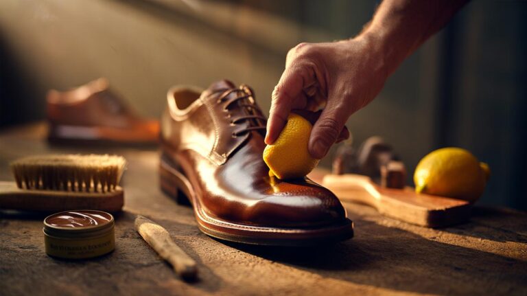 Illustration of a hand rubbing the inside of a lemon peel on a brown leather shoe to gently restore colour