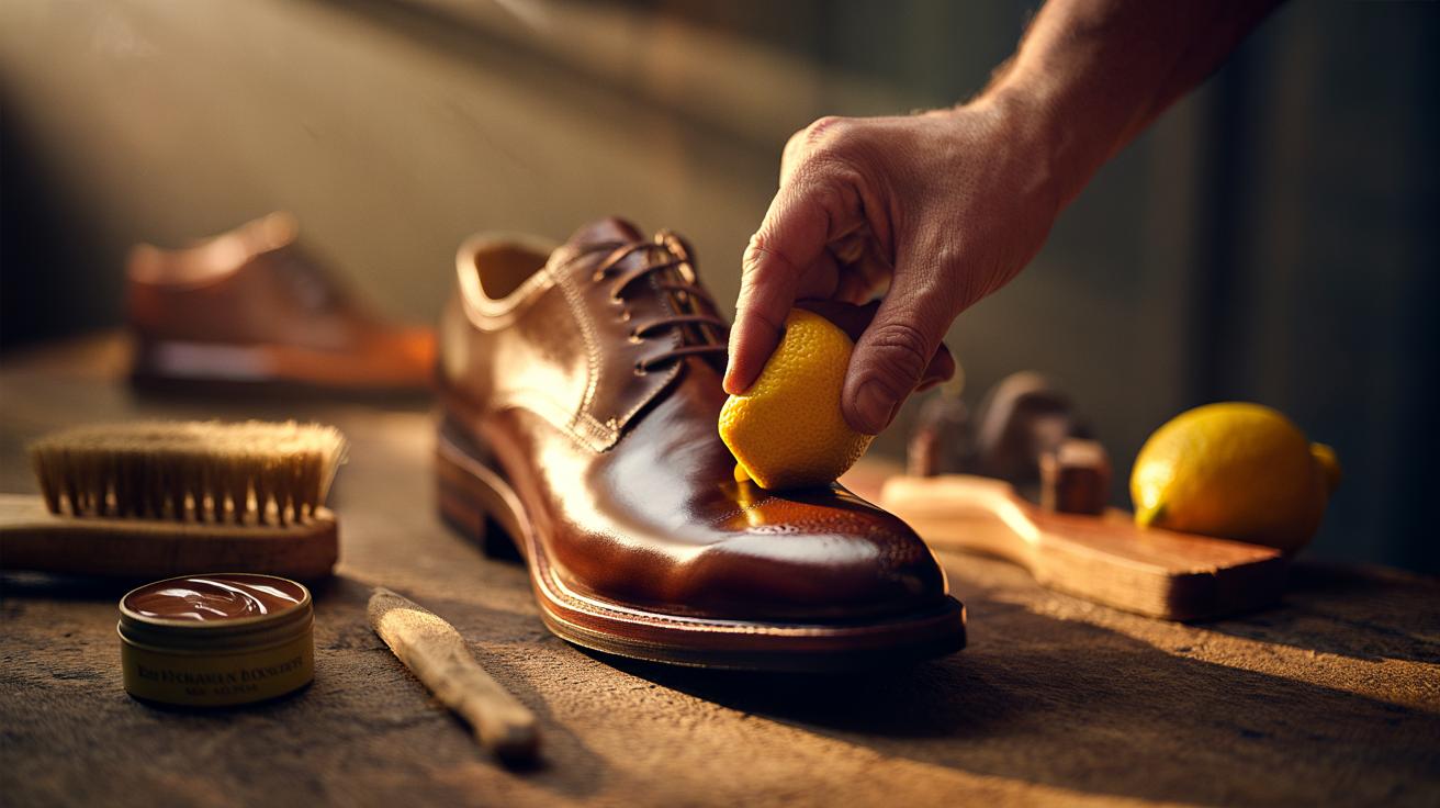 Illustration of a hand rubbing the inside of a lemon peel on a brown leather shoe to gently restore colour