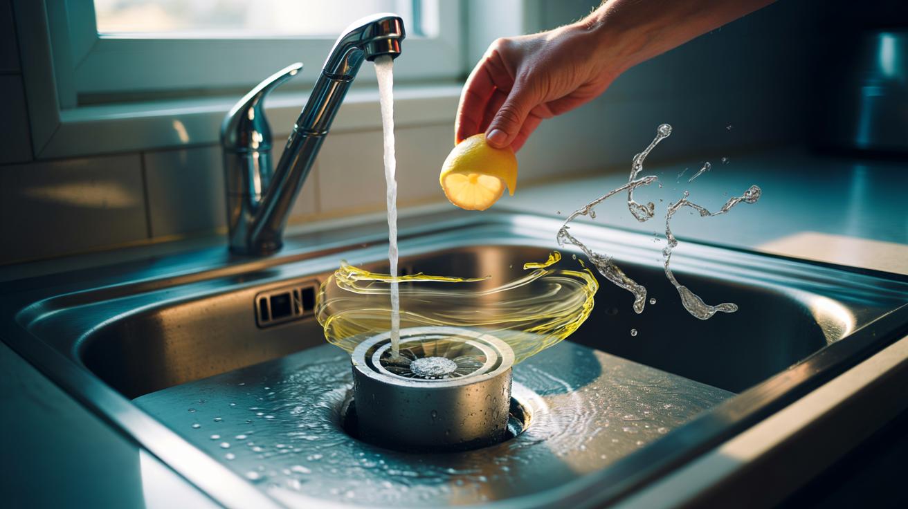 Illustration of lemon peel being fed into a kitchen sink rubbish disposal to release citrus oils that freshen and reduce bacteria