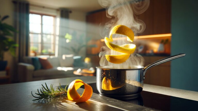 Illustration of a saucepan gently simmering lemon peels, releasing citrus vapour to remove lingering odours in a home interior