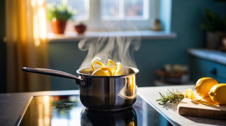Illustration of lemon peels simmering in a saucepan on a stovetop, with visible steam releasing citrus oils to freshen the air
