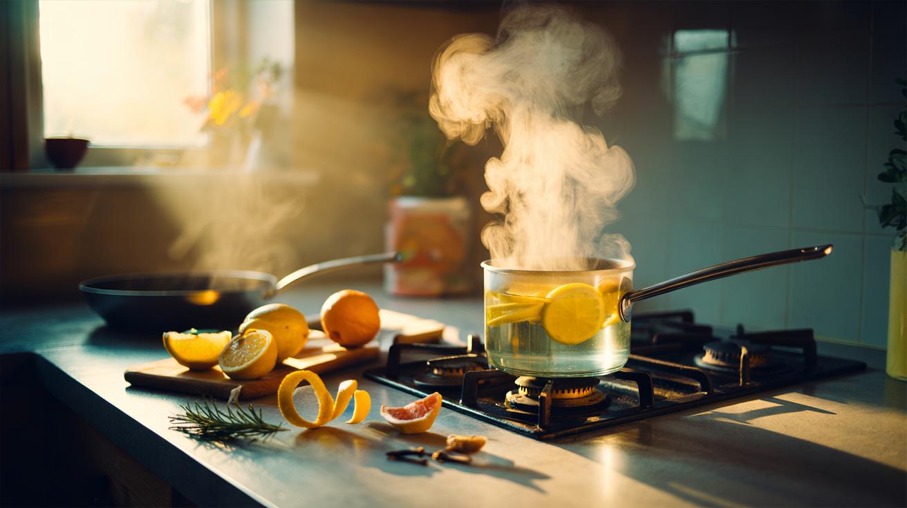 Illustration of lemon peels simmering in a saucepan on a hob, releasing citrus steam that neutralises cooking odours in a kitchen