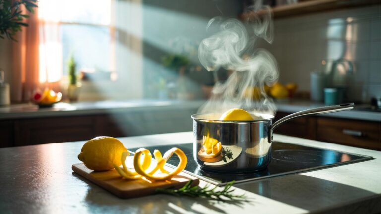 Illustration of lemon peels simmering in a saucepan of water on a hob, with citrus steam rising to neutralise household odours