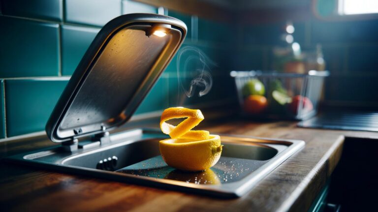 Illustration of lemon rind tucked under a bin liner in a kitchen bin, releasing citrus oils to neutralise odours