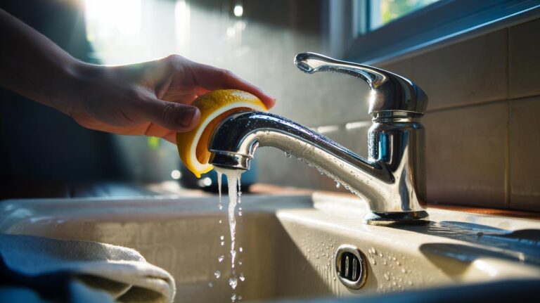 Illustration of a hand rubbing a chrome tap with a lemon rind to cut through dull water marks