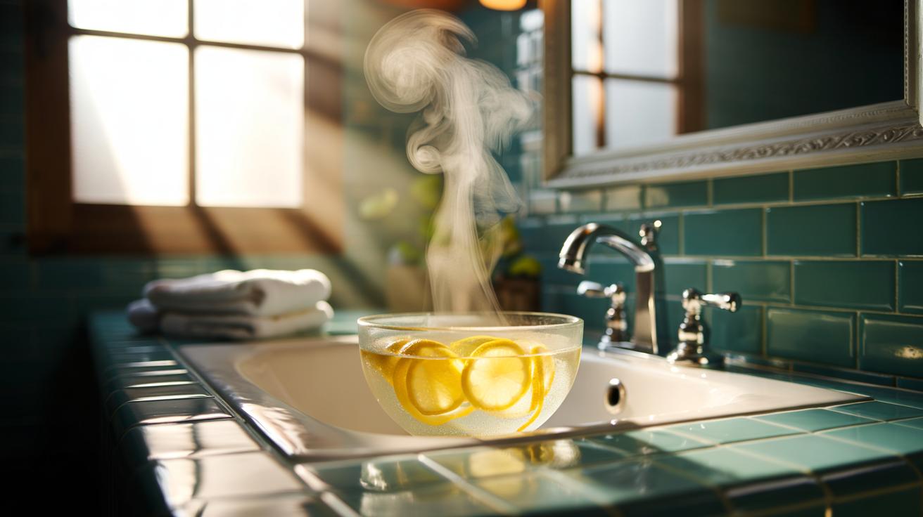 Illustration of lemon rinds simmering in a bowl of hot water in a bathroom, releasing citrus vapours to neutralise odours