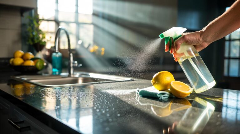 Illustration of lemon-water mist being sprayed onto a kitchen countertop and wiped with a microfiber cloth to restore natural shine