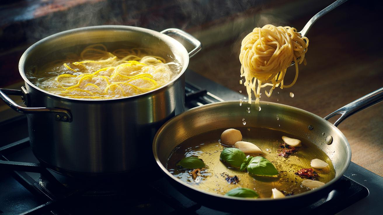Illustration of lemon zest in boiling pasta water alongside a pan of warm olive oil gently infusing garlic, chilli, and herbs to create a bright, silky sauce