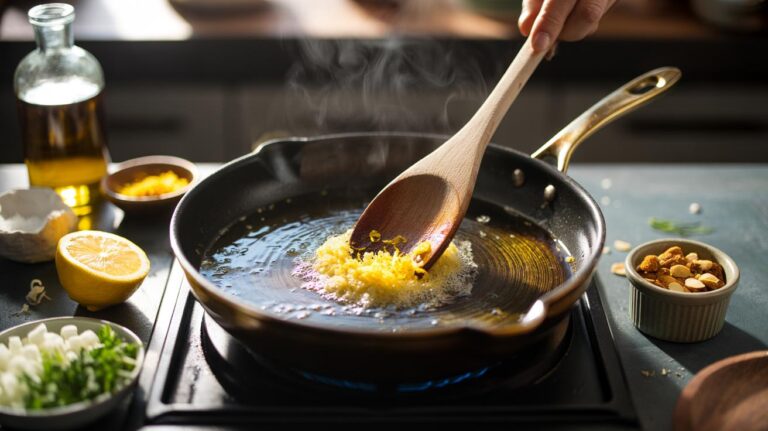 Illustration of lemon zest blooming in warm oil and folded into hot rice to infuse fragrance in minutes