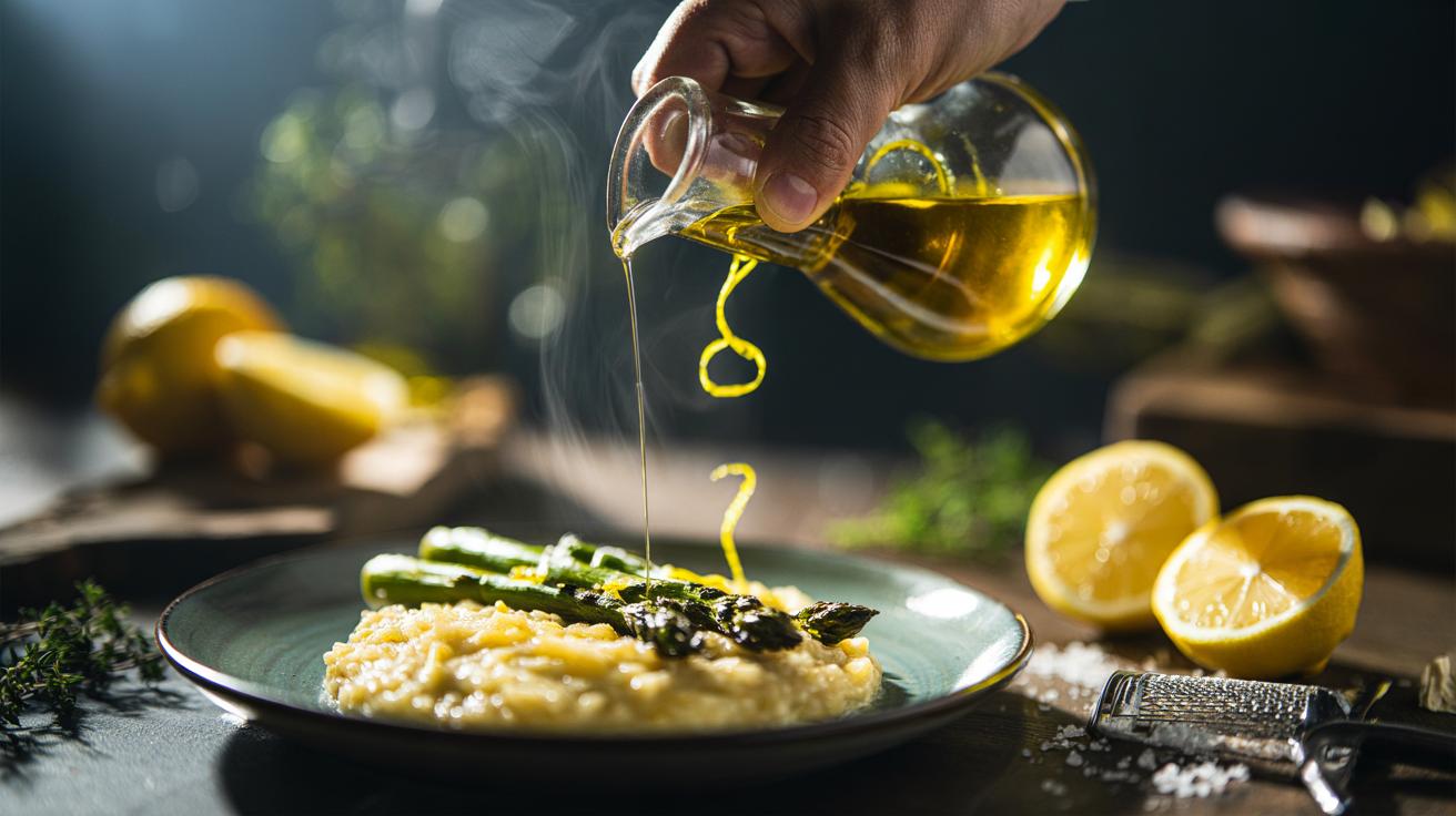 Illustration of lemon-zest aromatic oil being drizzled over a finished dish to instantly brighten flavour